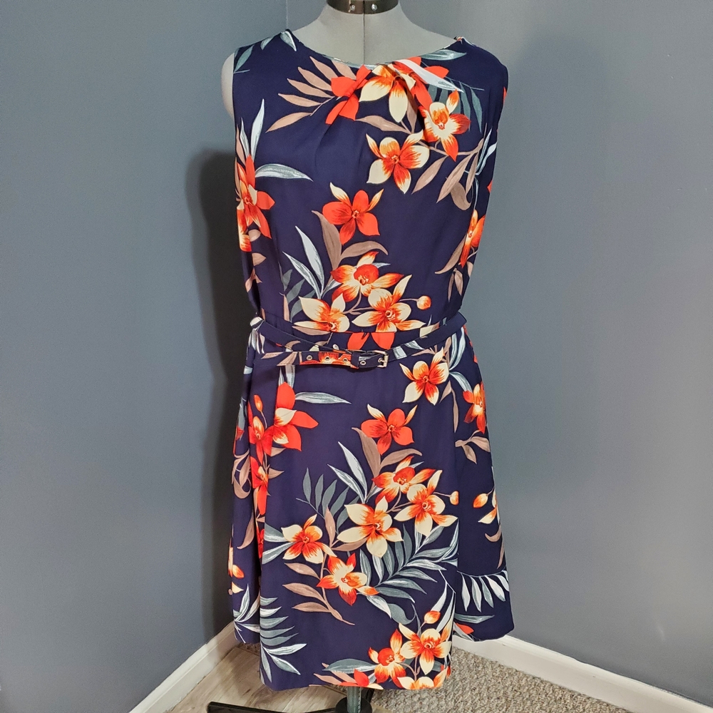 Dress Barn Darby Navy Dress with Orange Floral Design Belt Women's Size 20W